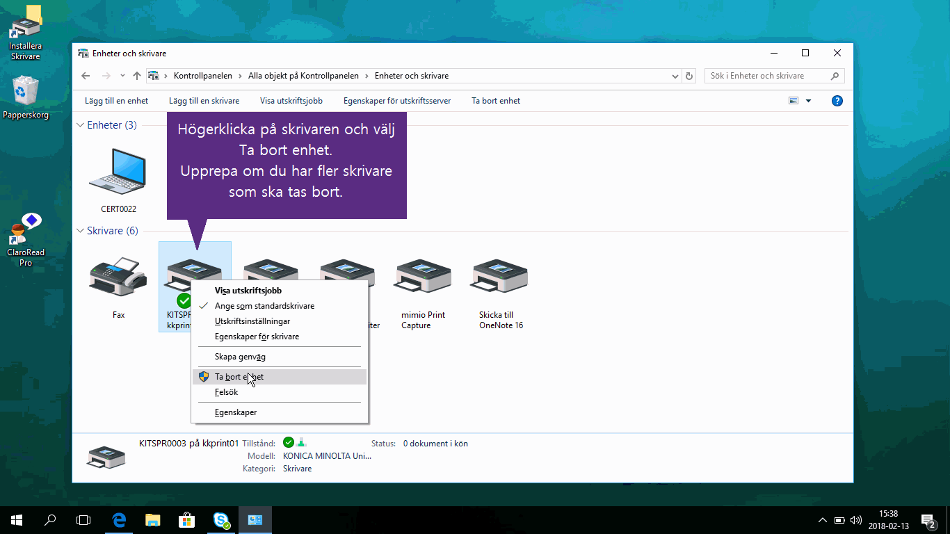 Ta bort en installerad skrivare